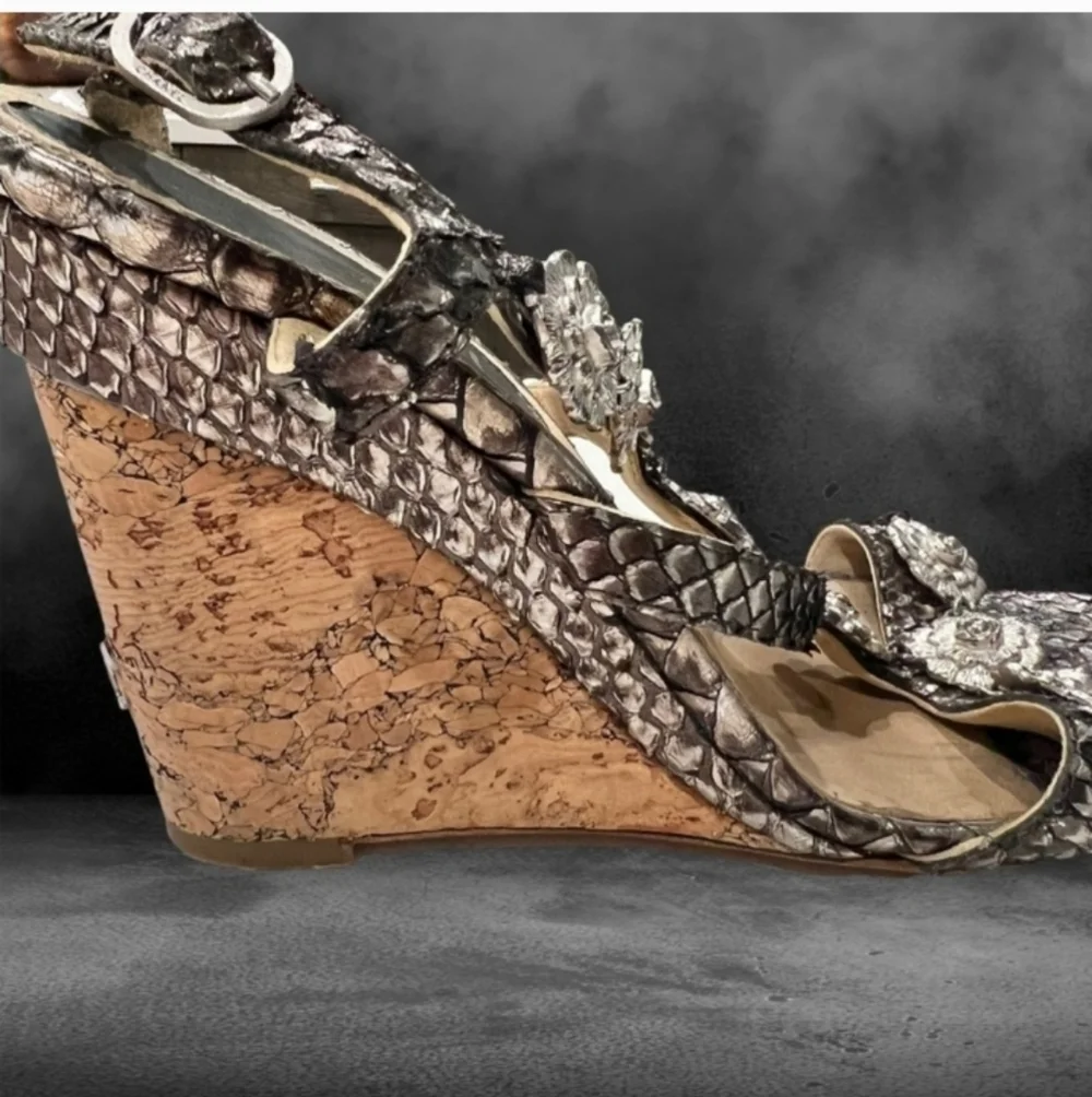 Chanel Camelia Python Leather Wedge Sandals Size 39